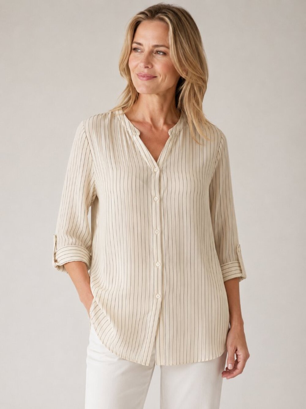 Eileen Fisher Ivory Striped 100% Silk Tunic Button Down Long Sleeve Size 3X
